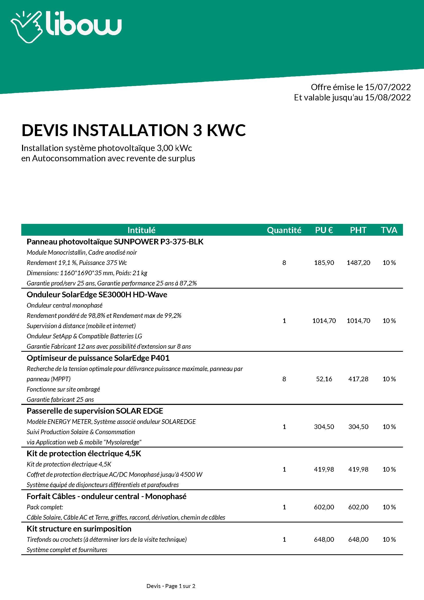Devis exemple installation 3 kWc autoconsommation solaire Libow