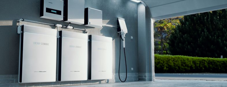 Batteries solaires installées dans un garage, connectées à un système de stockage d'énergie