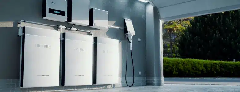 Batteries solaires installées dans un garage, connectées à un système de stockage d'énergie