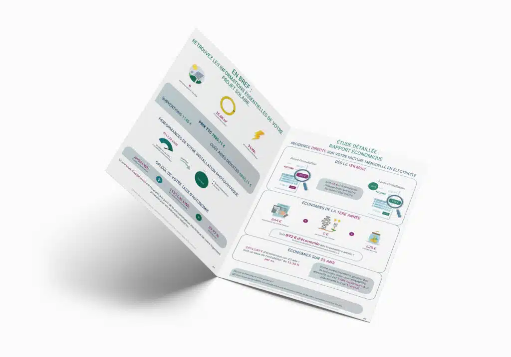 Brochure d'information sur le projet solaire Brochure d'information sur un projet solaire, détaillant les subventions, les coûts, la performance de l'installation, et une étude économique avec des économies sur la facture d'électricité et sur 25 ans.