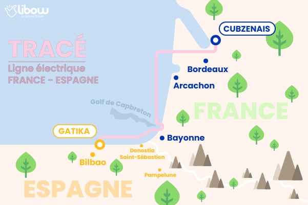 Carte du tracé de la future interconnexion électrique entre la France et l’Espagne via le golfe de Gascogne Carte du tracé de la future interconnexion électrique entre la France et l’Espagne via le golfe de Gascogne