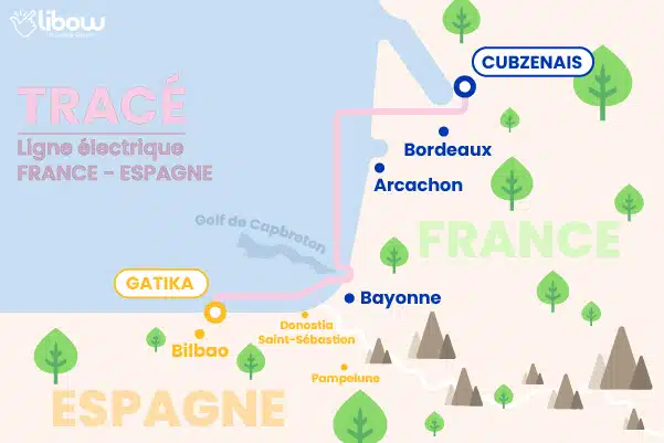 Carte du tracé de la future interconnexion électrique entre la France et l’Espagne via le golfe de Gascogne Carte du tracé de la future interconnexion électrique entre la France et l’Espagne via le golfe de Gascogne